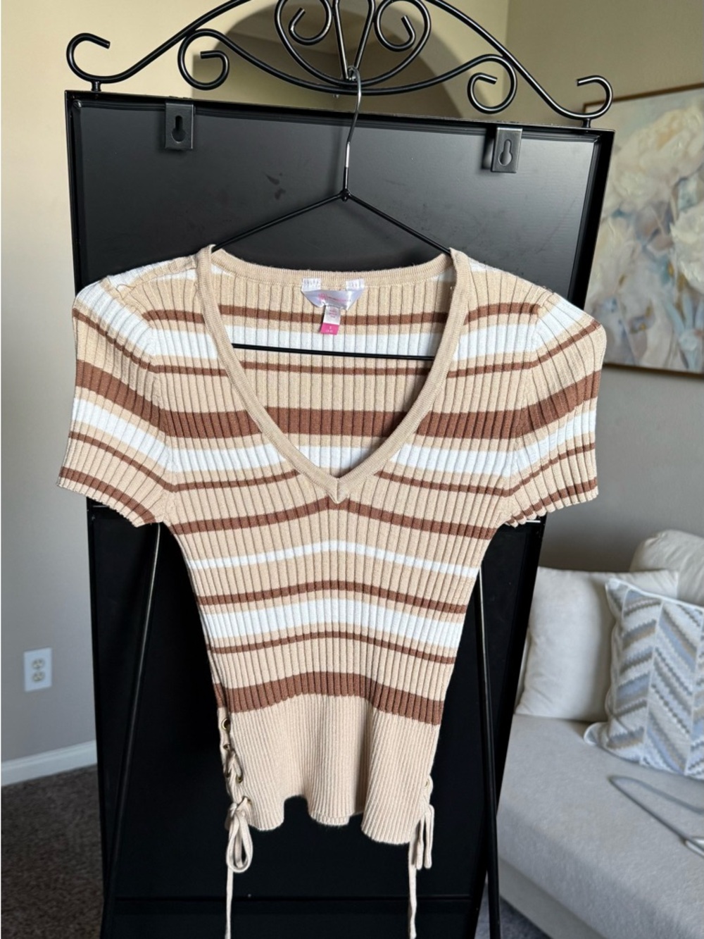 No Boundaries Striped V-Neck Ribbed Tank Top in Beige, Brown, White